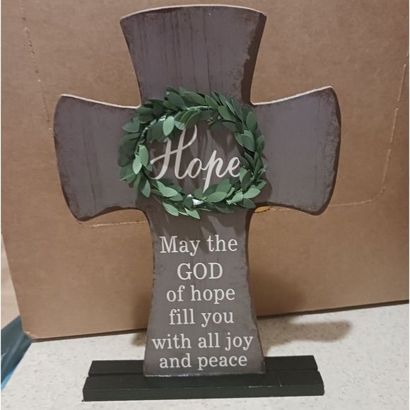 New Gray Rustic Wooden HOPE w/ Wreath Inspirational Cross Table Top Decor Sign - Picture 3 of 4
